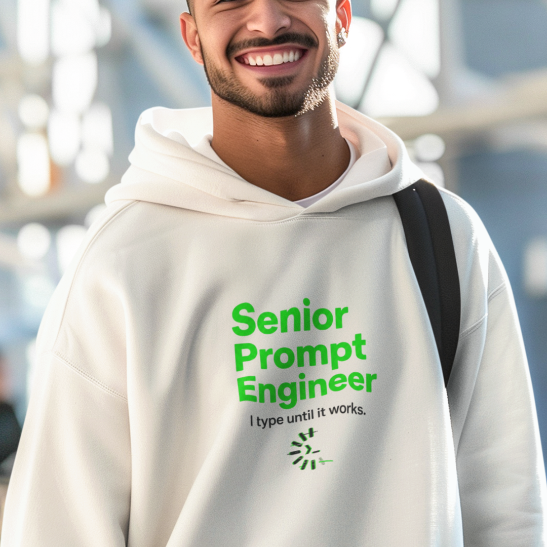 Senior Prompt Engineer Hoodie - Funny AI Developer Sweatshirt ("I Type Until It Works")